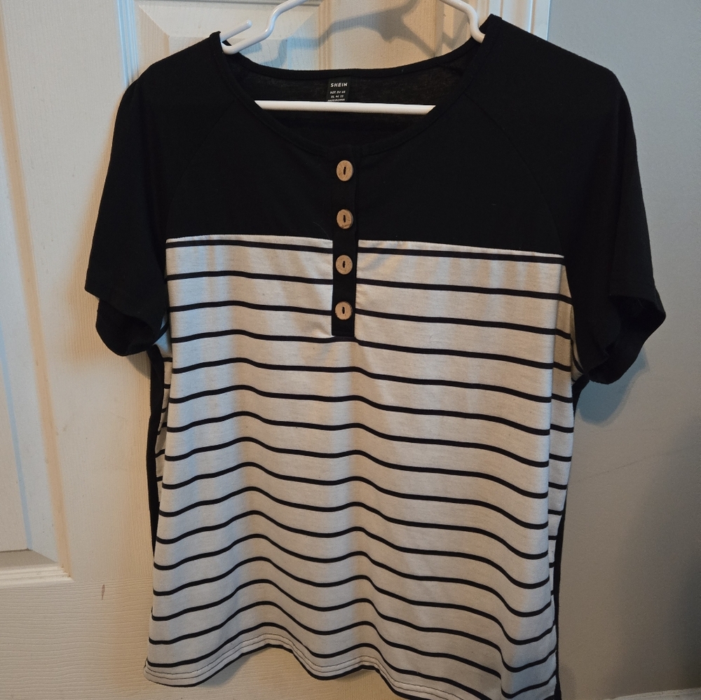 Striped Print Half Button Raglan Sleeve Tee